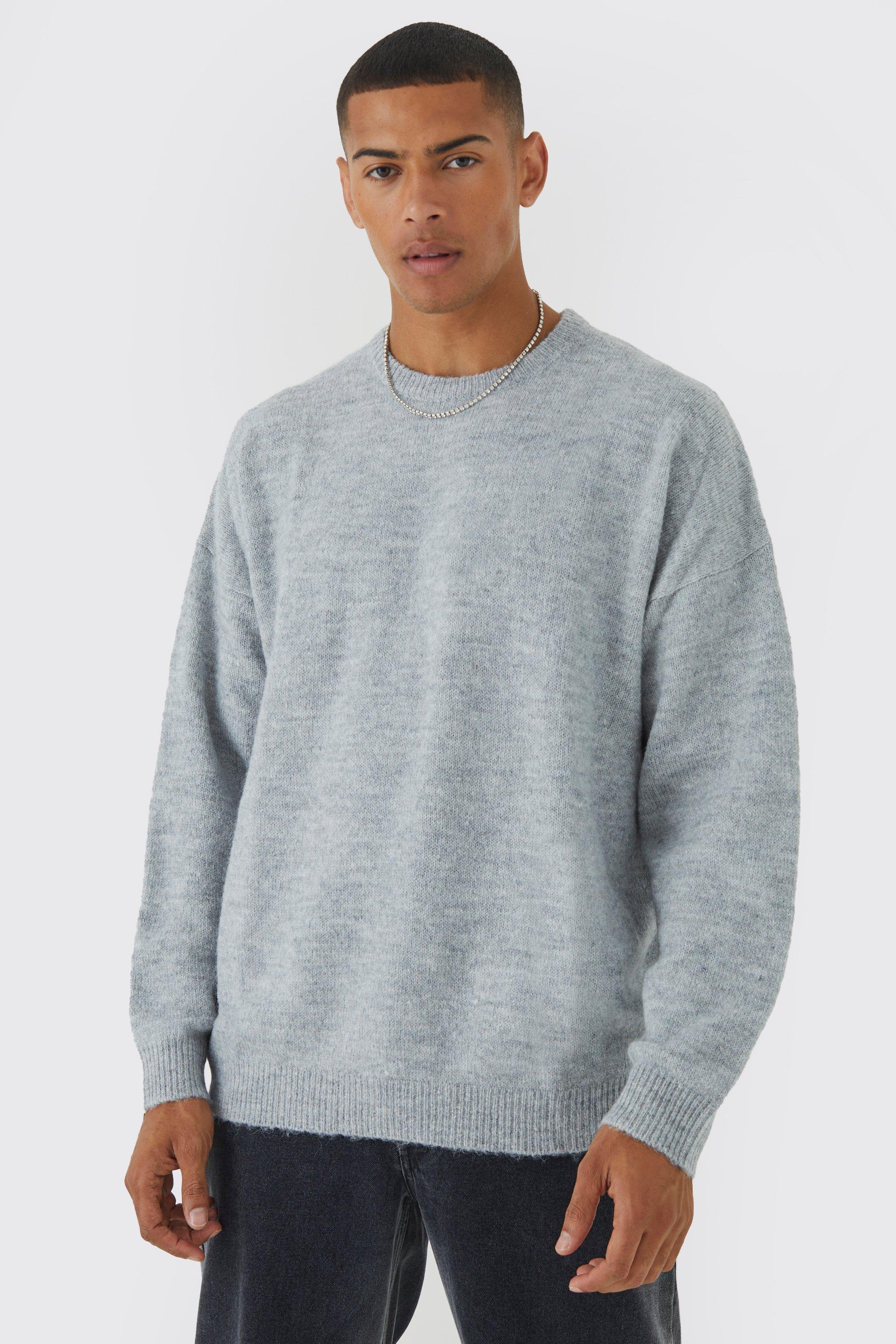 Mens Grey Oversized Brushed Yarn Crew Neck Jumper, Grey